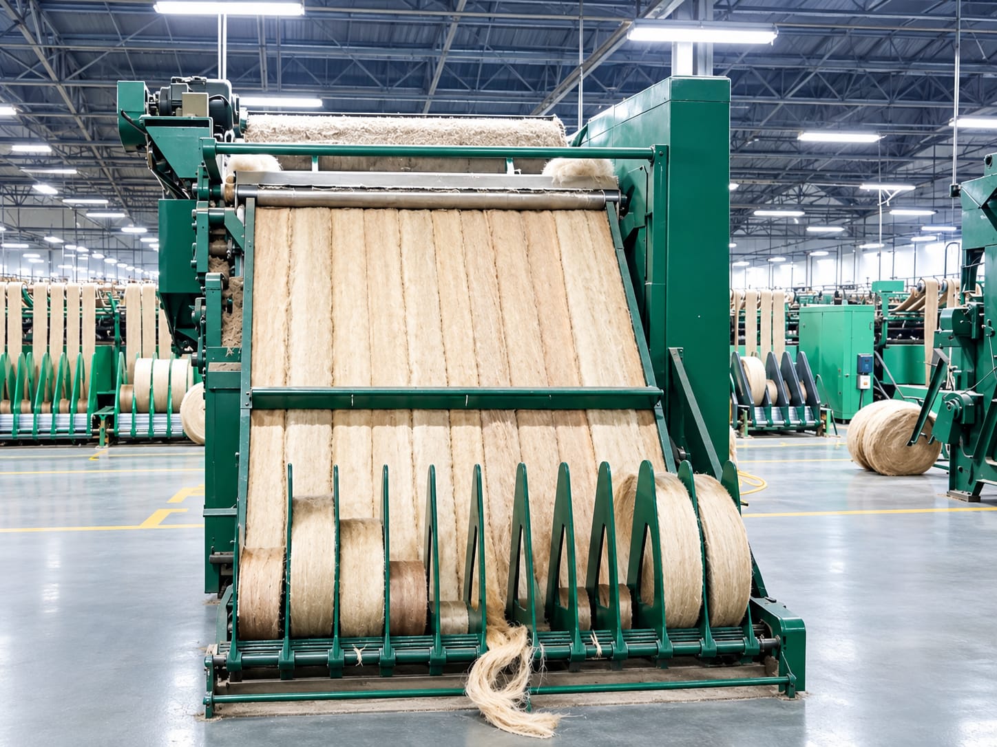Carding and drawing machines running the length of the mill floor, jute fibre feeding through the green frames